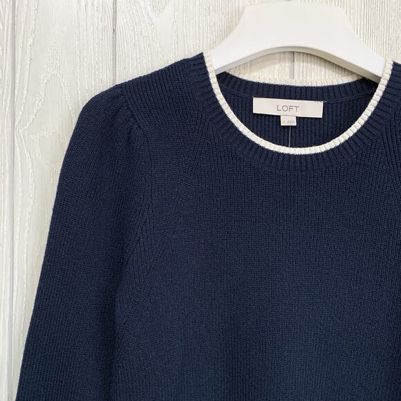 LOFT Blue Sweater White Trim Tie Sleeve Small NWT - Picture 2 of 5